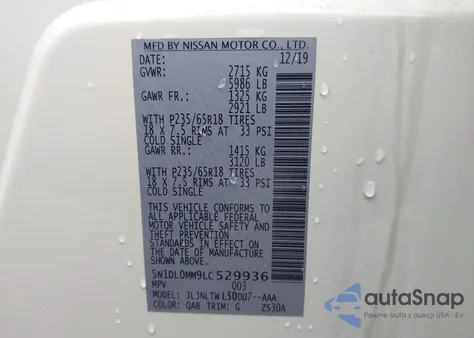 2020 Infiniti Qx60 Luxe Awd z USA, uszkodzony, nr VIN 5N1DL0MM9LC529936